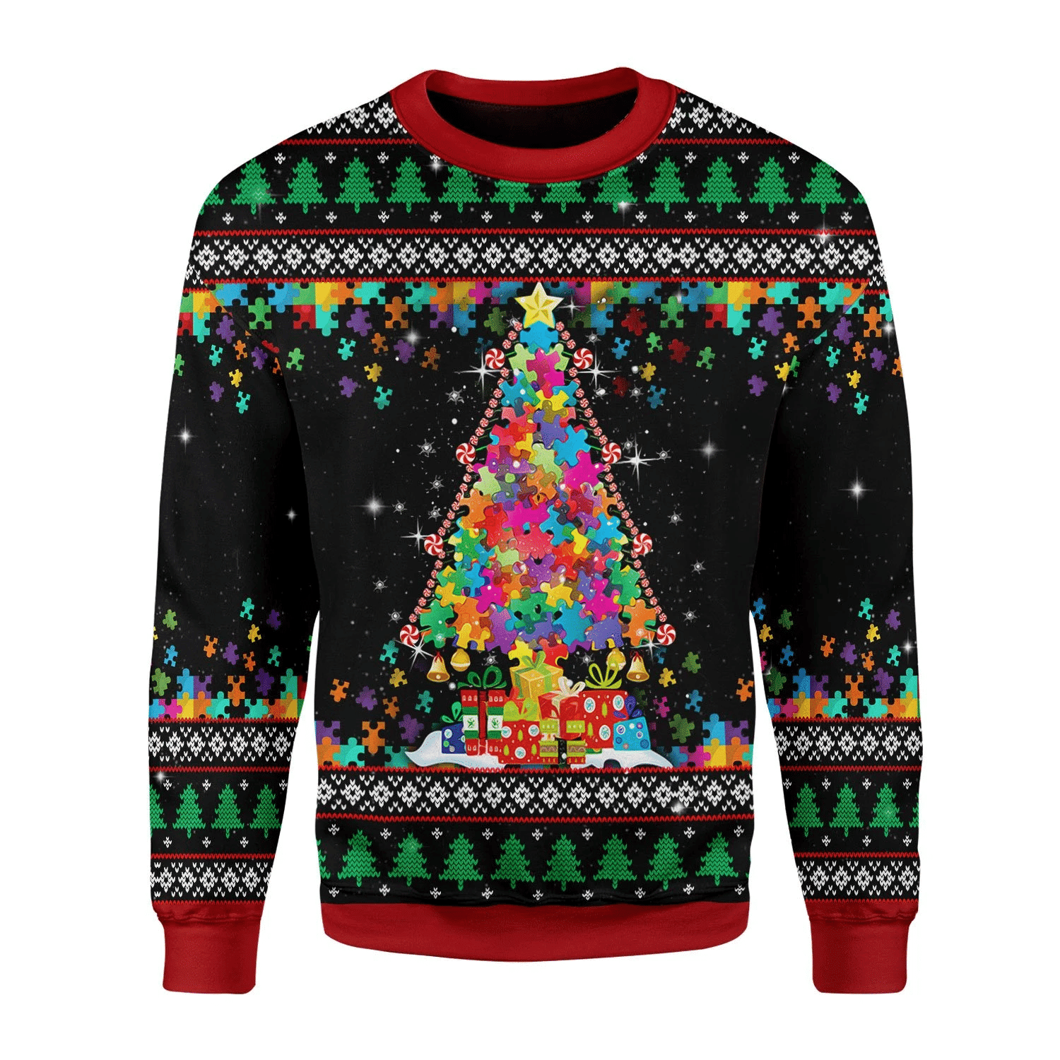 Merry Christmas Gearhomies Autism Christmas Tree Ugly Christmas Sweater Adult 3D Funny Matching for family - Image 2