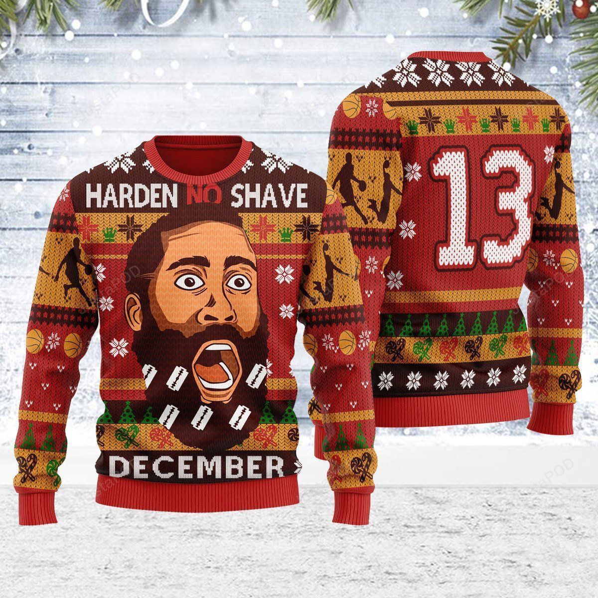 Merry Christmas Gearhomies Harden No Shave December Ugly Christmas Sweater Adult 3D Funny Matching for family