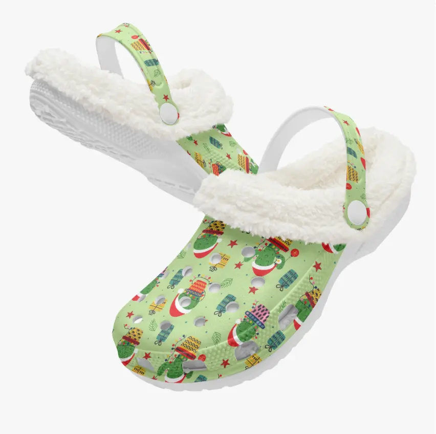 Merry Christmas Happy Catus Fuzzy Crocs Crocband Fleece Lined Clogs Shoes Comfortable For Men Women and Kids In Winter