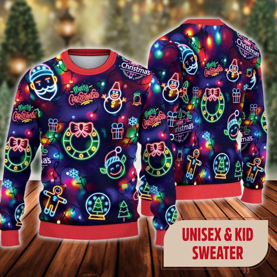 Merry Christmas Neon Lighting Ugly Christmas Sweater, Neon Lighting Xmas