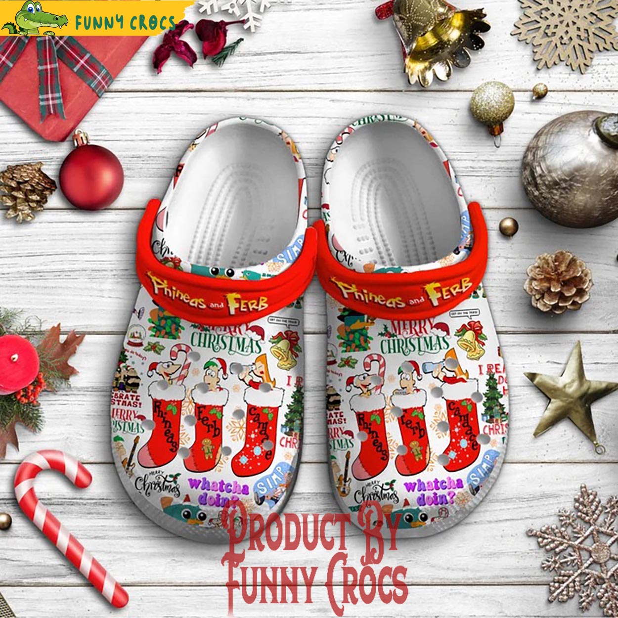 Merry Christmas Phineas And Ferb TV Series Crocs Crocband Clogs Shoes Comfortable For Men Women and Kids