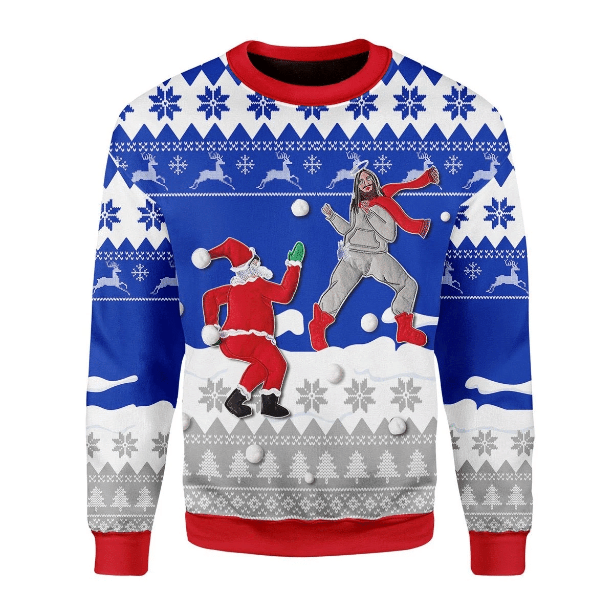Merry Christmas Santa And Jesus Playing Snowball For Unisex Ugly Christmas Sweater Adult 3D Funny Matching for family