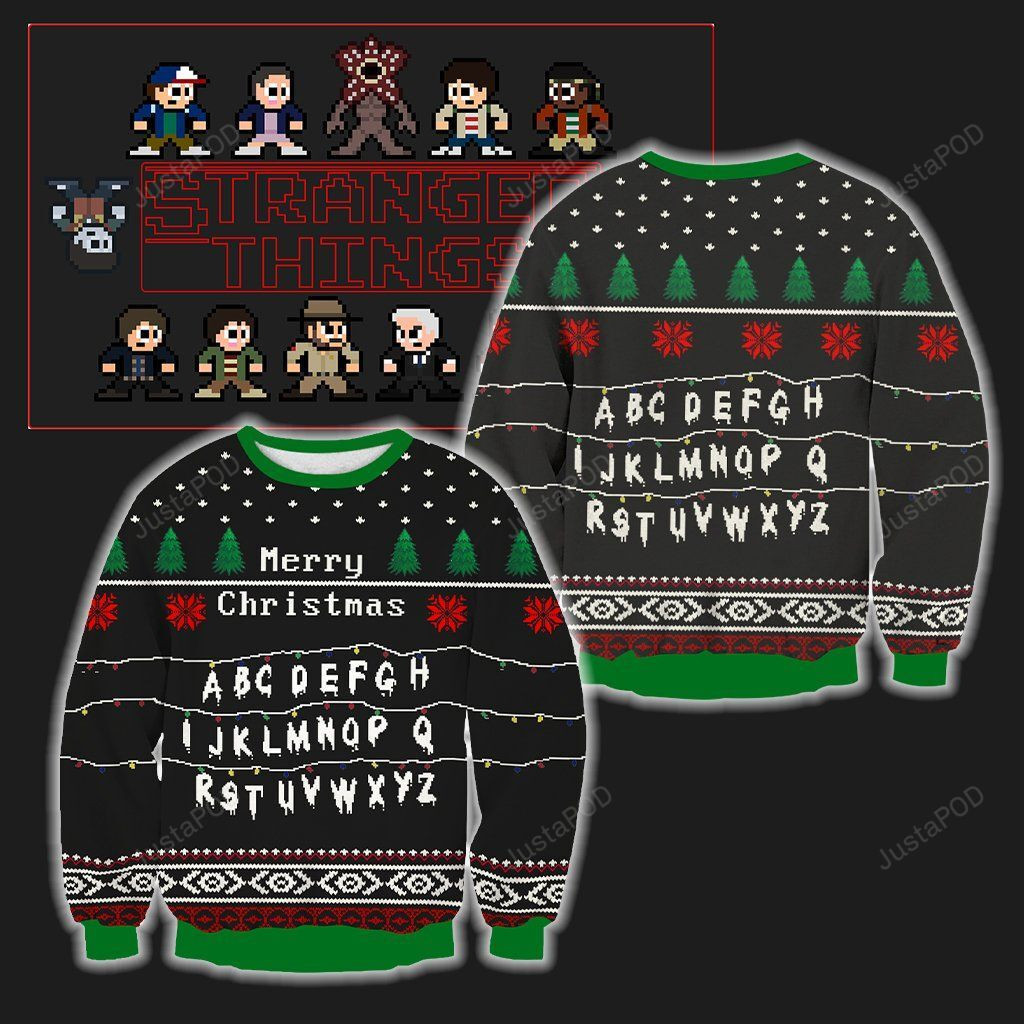 Merry Christmas Stranger Things Alphabet Ugly Christmas Sweater Adult 3D Funny Matching for family