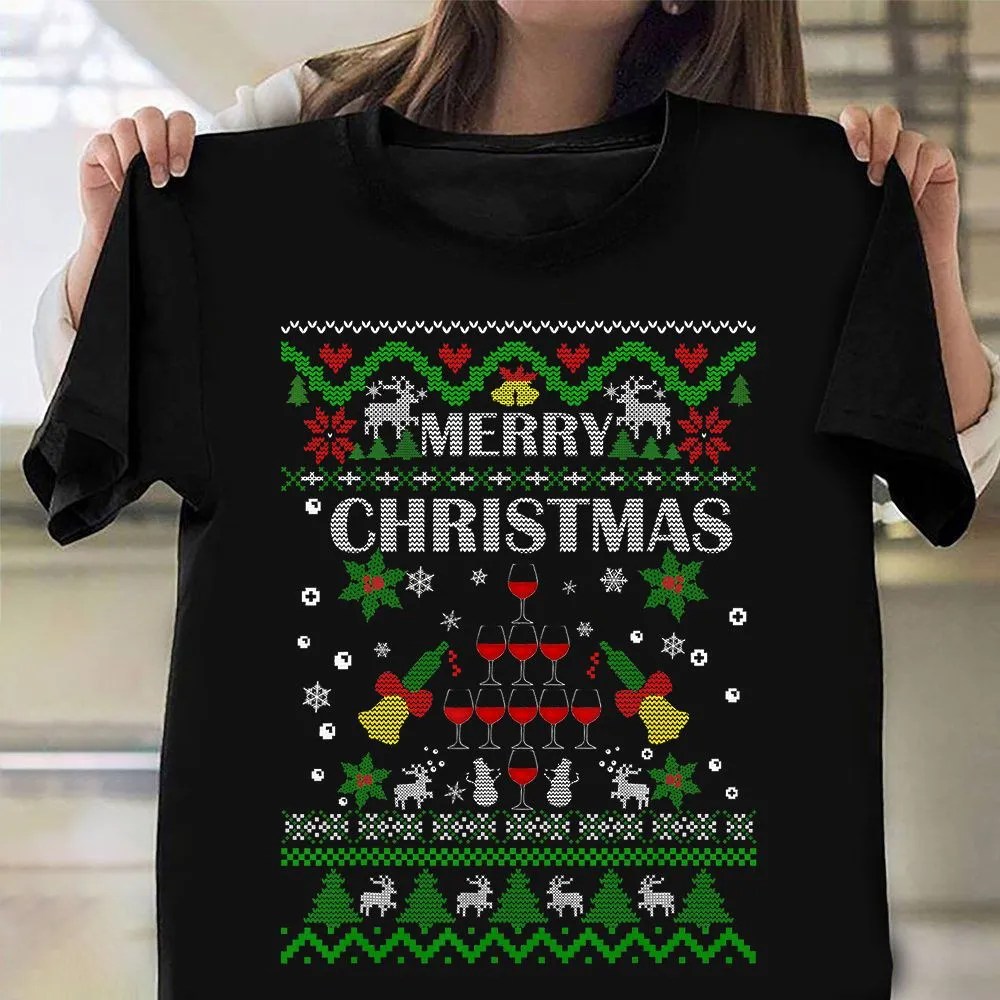 Merry Christmas T-Shirt Cool Ugly Christmas Sweater Womens Wine Shirts Hot Xmas Gifts 2024 - Image 2