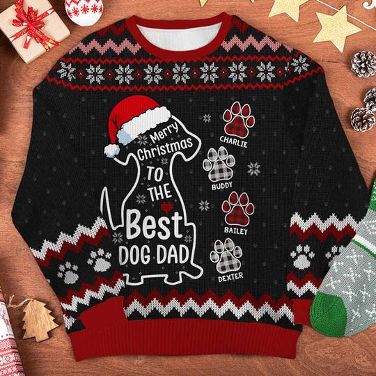Merry Christmas To The Best Dog Dad Gift Custom Personalized Unisex Wool Ugly Christmas Sweatshirt - Image 6