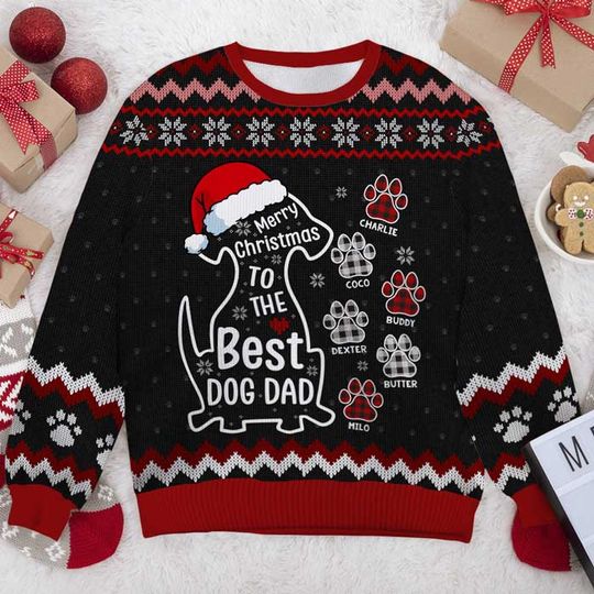 Merry Christmas To The Best Dog Dad Gift Custom Personalized Unisex Wool Ugly Christmas Sweatshirt - Image 4