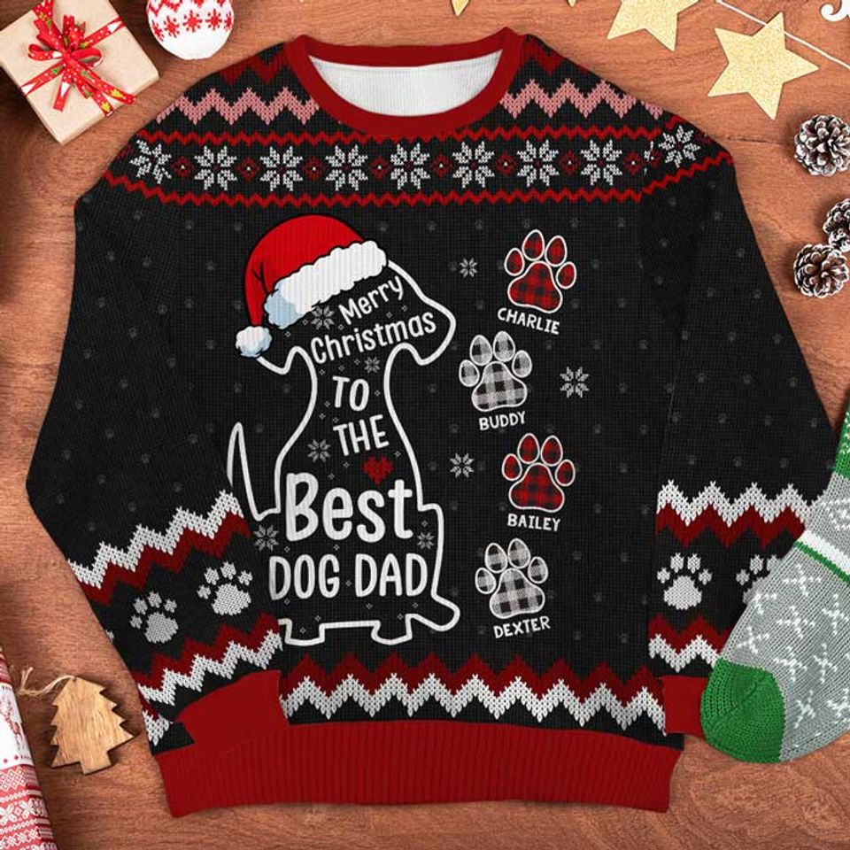 Merry Christmas To The Best Dog Dad Gift Custom Personalized Unisex Wool Ugly Christmas Sweatshirt - Image 3