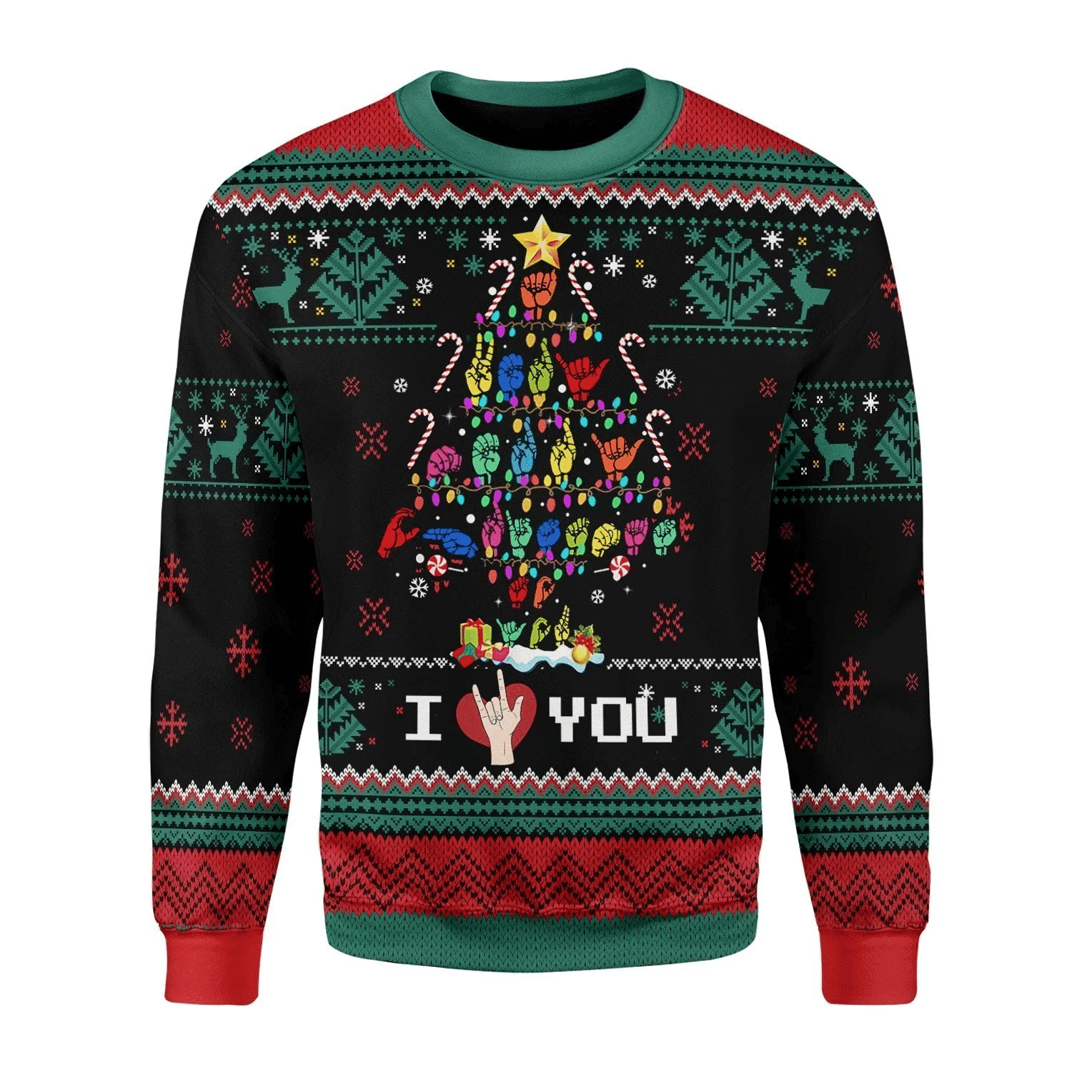 Merry Christmas Tree Sign Language I Love You For Men Ugly Christmas Sweater Adult 3D Funny Matching for family