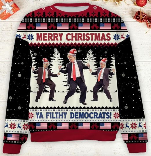 Merry Christmas Ya Filthy Democrats Ugly Sweater, Funny Trump Dancing Ugly Sweater - Image 7