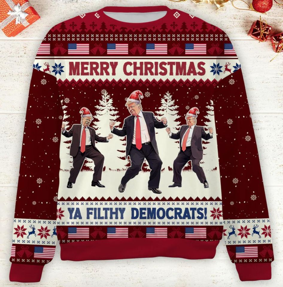 Merry Christmas Ya Filthy Democrats Ugly Sweater, Funny Trump Dancing Ugly Sweater - Image 4