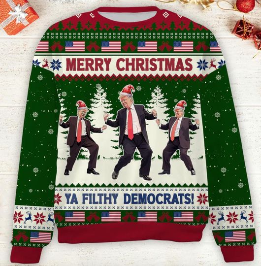 Merry Christmas Ya Filthy Democrats Ugly Sweater, Funny Trump Dancing Ugly Sweater - Image 10