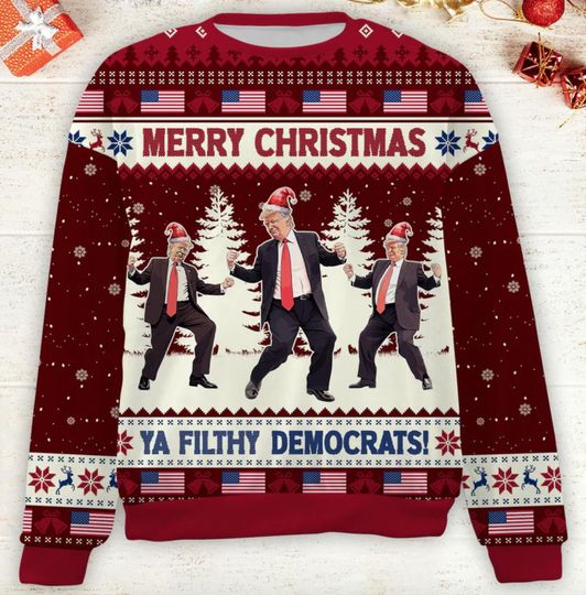 Merry Christmas Ya Filthy Democrats Ugly Sweater, Funny Trump Dancing Ugly Sweater - Image 9