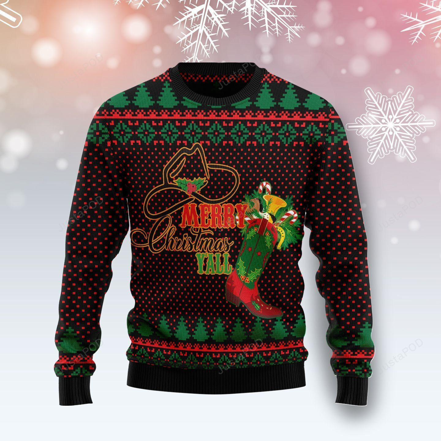Merry Christmas Y?All Cowboy Boot Ugly Christmas Sweater Adult 3D Funny Matching for family