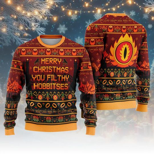Merry Christmas You Filthy Hobbitses Ugly Christmas Sweater, Lord Of The Rings - Image 5