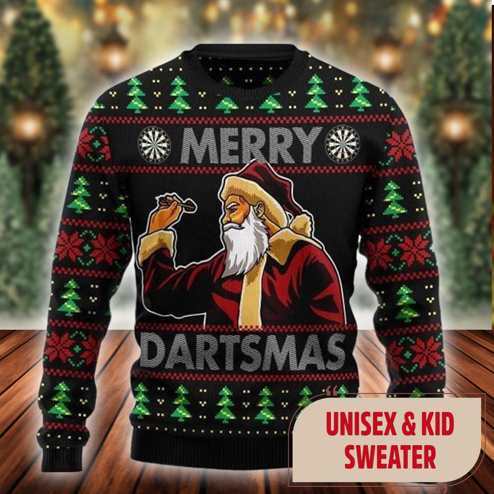 Merry Dartmas Ugly Christmas Sweater, Santa Claus Playing Darts