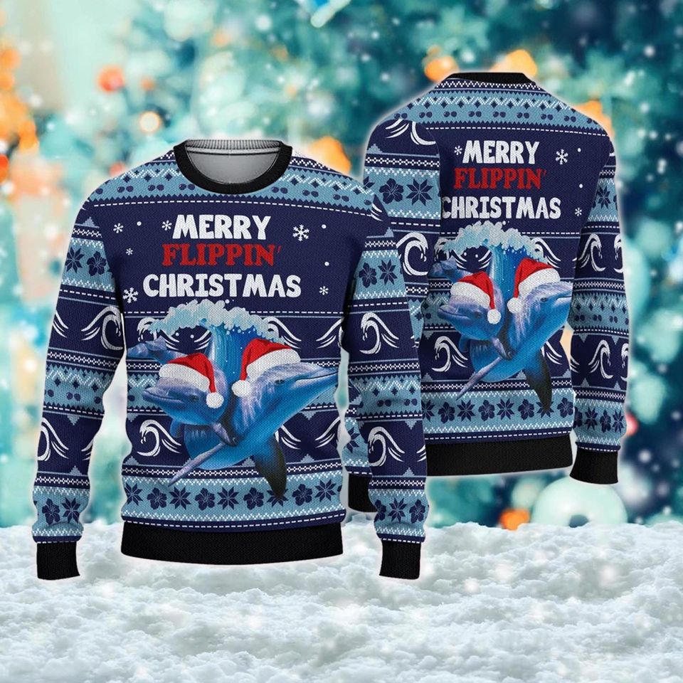 Merry Dolphin Ugly Christmas Sweater, Ocean Santa Xmas Sweatshirt, Christmas Gift For Men Women Kid