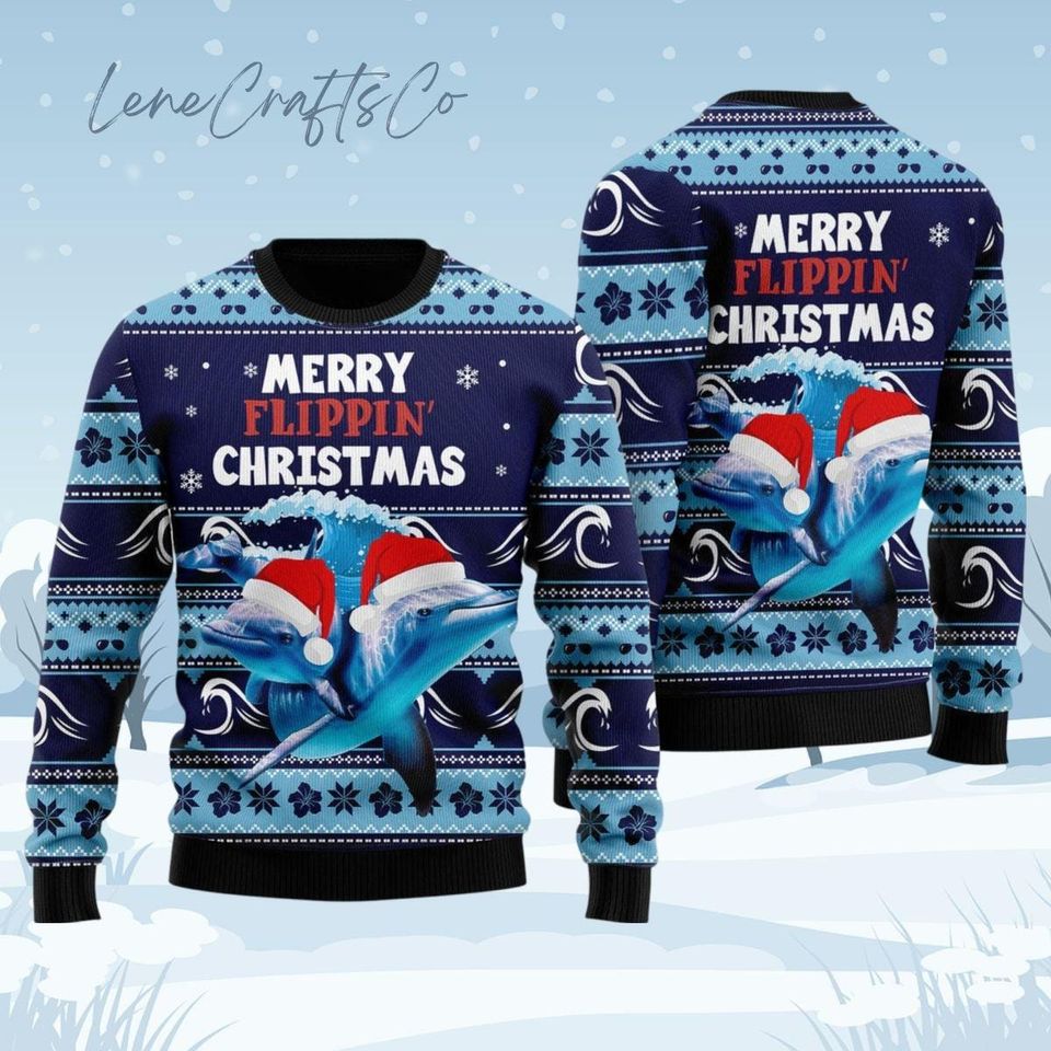 Merry Dolphin Ugly Sweater, Dolphin Lover Xmas Sweater, Santa Fish Holiday Sweater