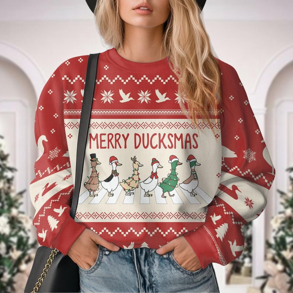 Merry Duckmas Ugly Christmas Sweater, Duck Christmas Sweatshirt - Image 4