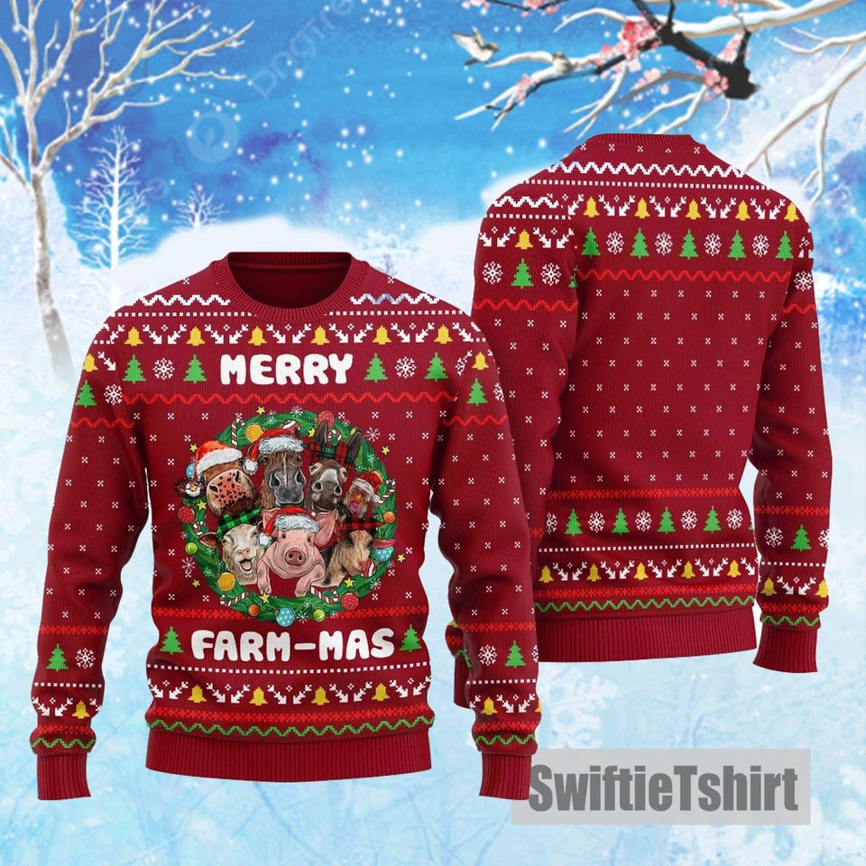 Merry Farm House ugly Christmas Sweater, Christmas Farm Animal