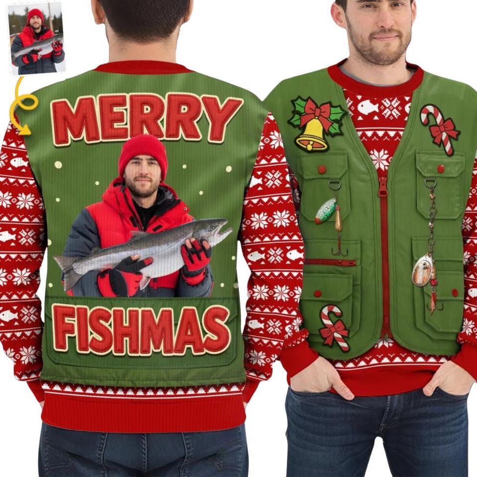 Merry Fishma Ugly Sweater, Custom Photo Ugly Sweatshirt, Fishing Christmas Ugly Sweater