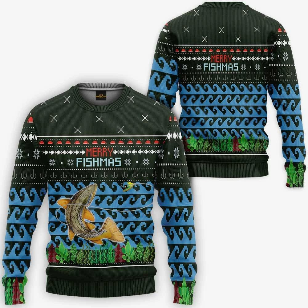 Merry Fishmas Brown Trout Fishing Ugly Christmas Sweater Adult 3D Funny Matching for family