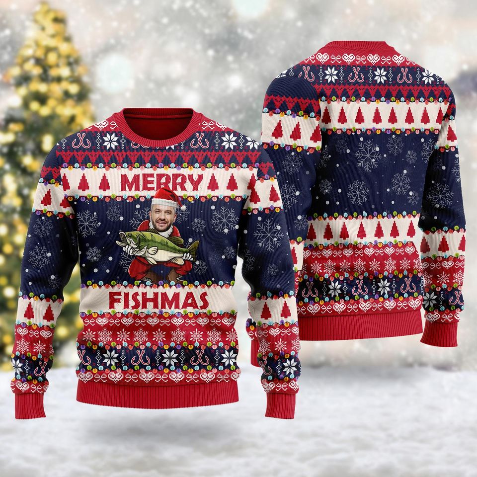Merry Fishmas Christmas Ugly Sweater, Custom Photo Ugly Christmas