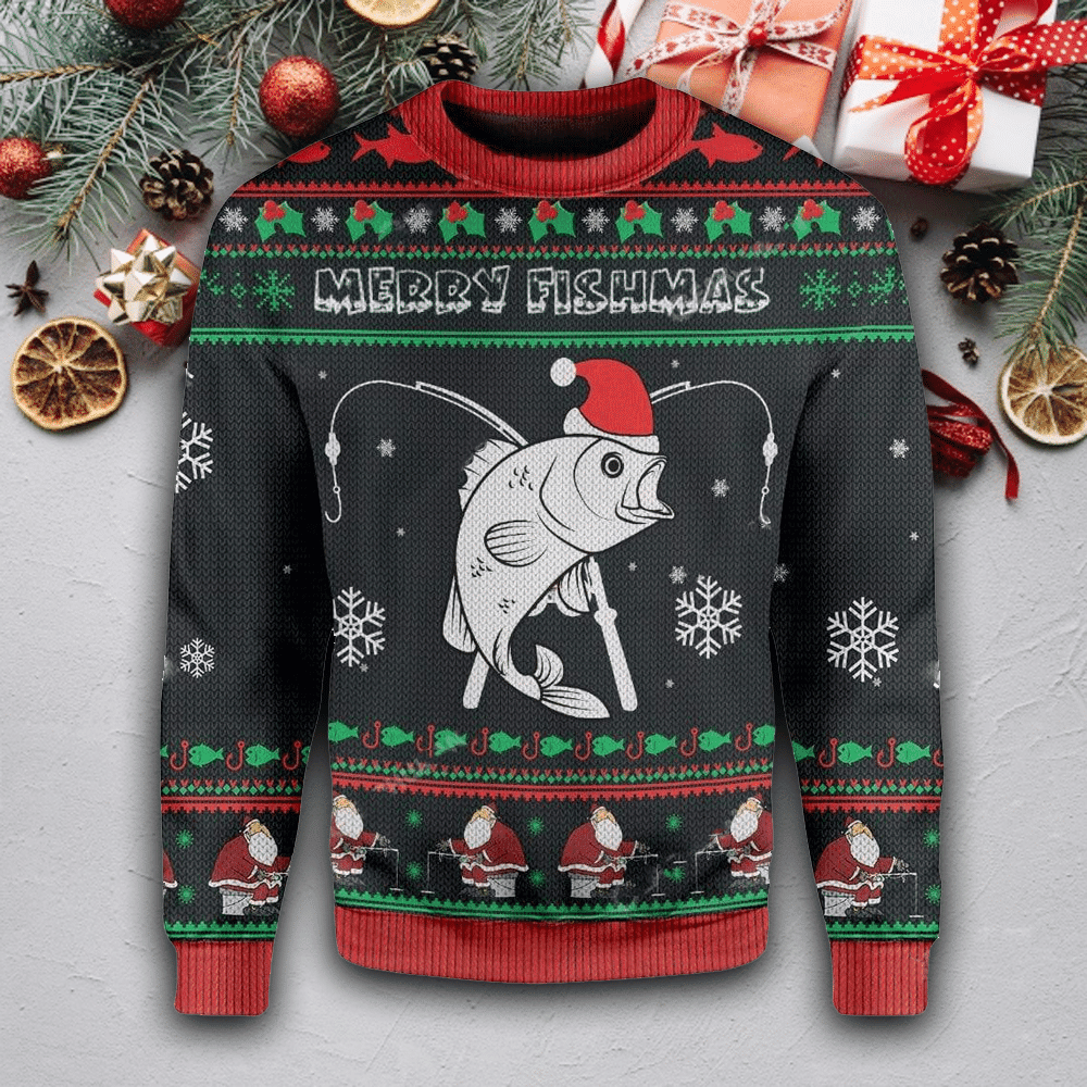 Merry Fishmas Ugly Christmas Sweater Adult 3D Funny Matching for family