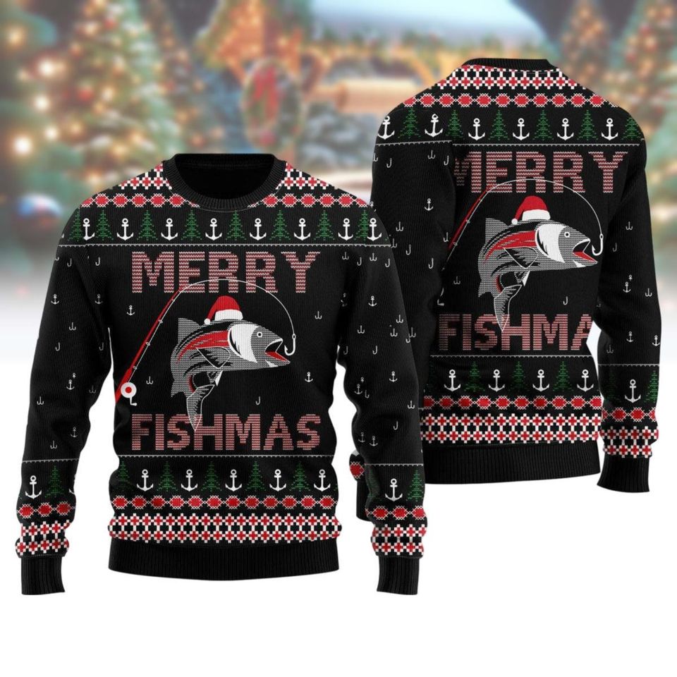 Merry Fishmas Ugly Christmas Sweater, Fisherman Christmas