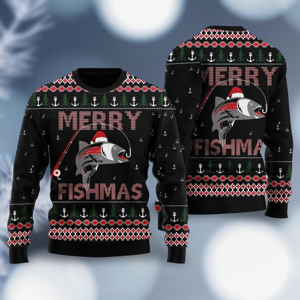 Merry Fishmas Ugly Christmas Sweater, Fishing Sweater