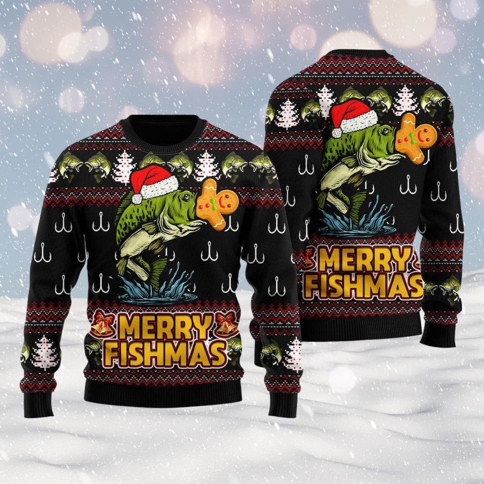 Merry Fishmas Ugly Christmas Sweater, Gingerbread Man Holiday Sweater, Funny Fish Xmas Sweatshirt, Christmas Party Sweater