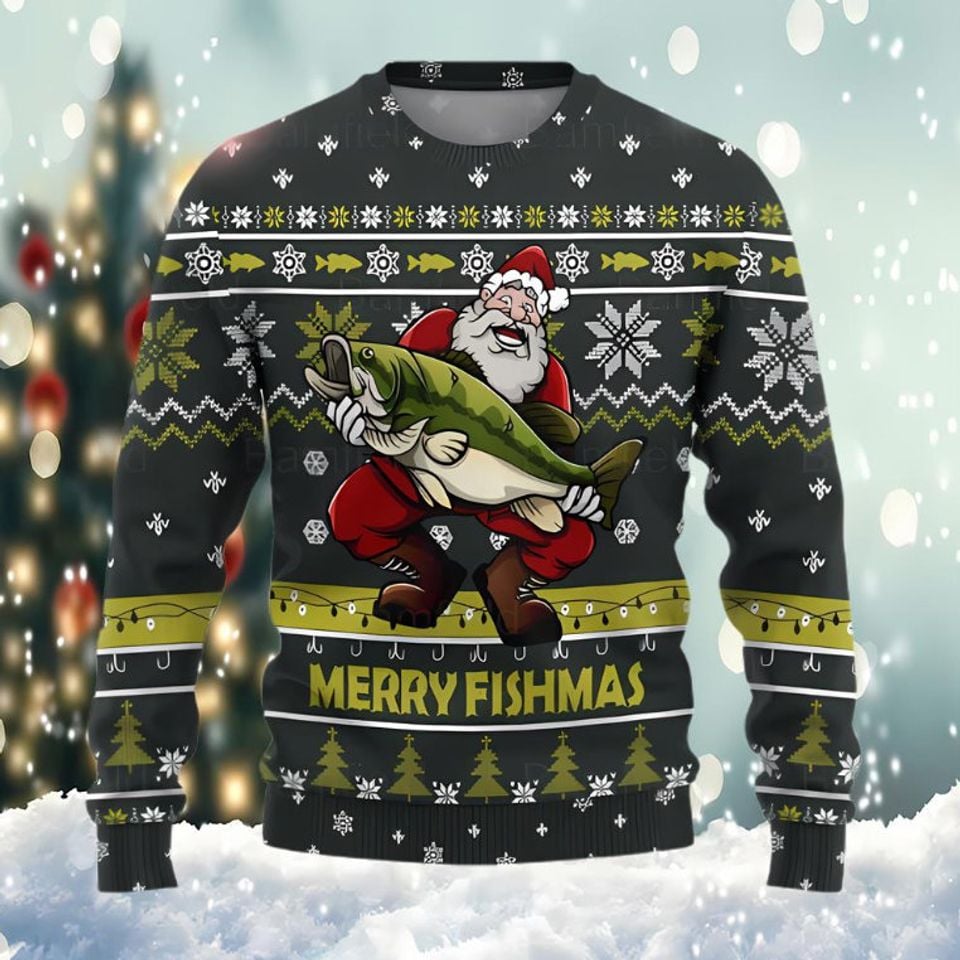 Merry Fishmas Ugly Sweater, Fishing Xmas Sweater