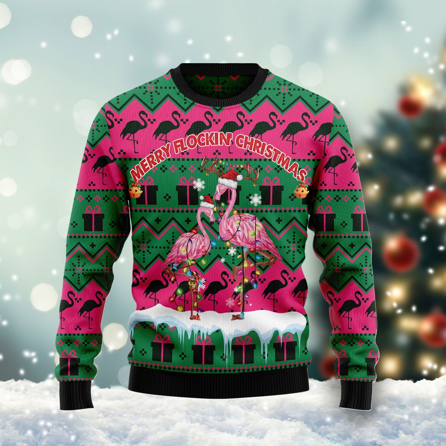 Merry Flockin Christmas Flamingo Ugly Christmas Sweater Adult 3D Funny Matching for family