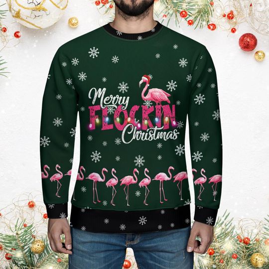 Merry Flockin Ugly Sweater, Flamingo Christmas Sweater Men, Flamingo Love Sweater - Image 15