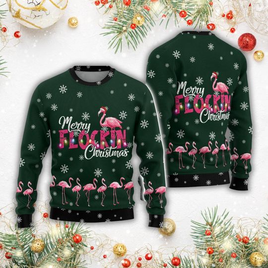 Merry Flockin Ugly Sweater, Flamingo Christmas Sweater Men, Flamingo Love Sweater - Image 11