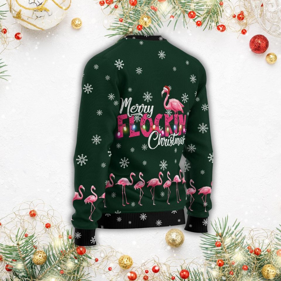 Merry Flockin Ugly Sweater, Flamingo Christmas Sweater Men, Flamingo Love Sweater - Image 6