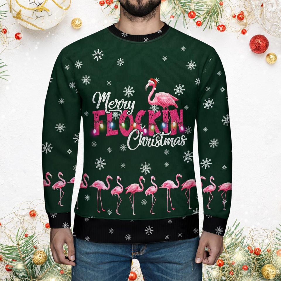 Merry Flockin Ugly Sweater, Flamingo Christmas Sweater Men, Flamingo Love Sweater - Image 3