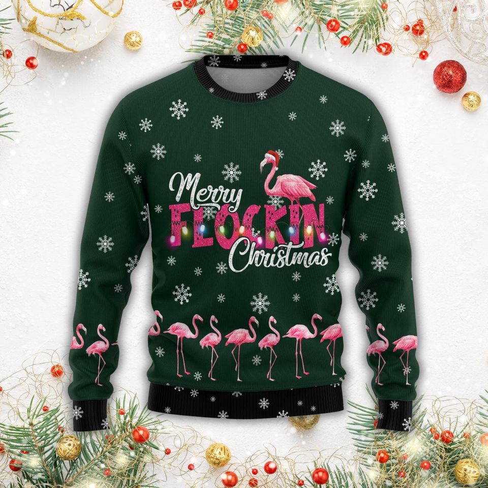 Merry Flockin Ugly Sweater, Flamingo Christmas Sweater Men, Flamingo Love Sweater - Image 7
