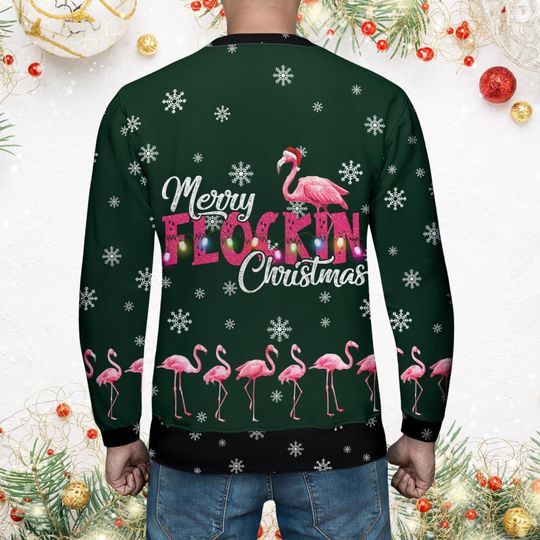 Merry Flockin Ugly Sweater, Flamingo Christmas Sweater Men, Flamingo Love Sweater - Image 14