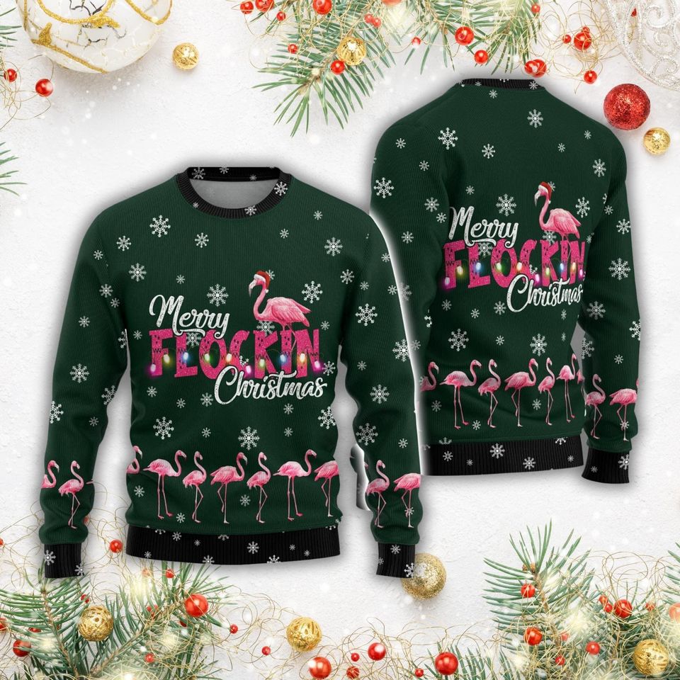 Merry Flockin Ugly Sweater, Flamingo Christmas Sweater Men, Flamingo Love Sweater - Image 2