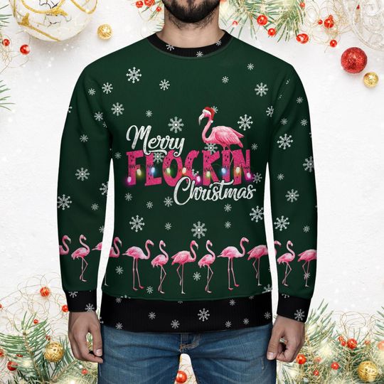 Merry Flockin Ugly Sweater, Flamingo Christmas Sweater Men, Flamingo Love Sweater - Image 13