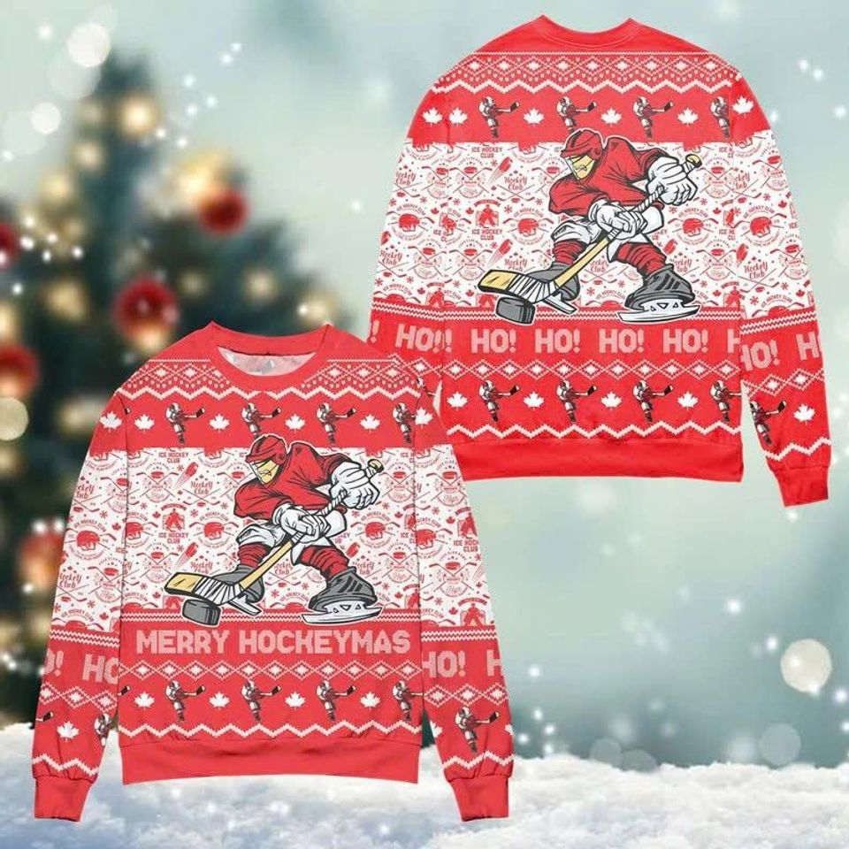 Merry Hockeymas Ugly Christmas Sweater, Hockey Sweatshirt For Players & Fans, Funny Holiday Pullover.