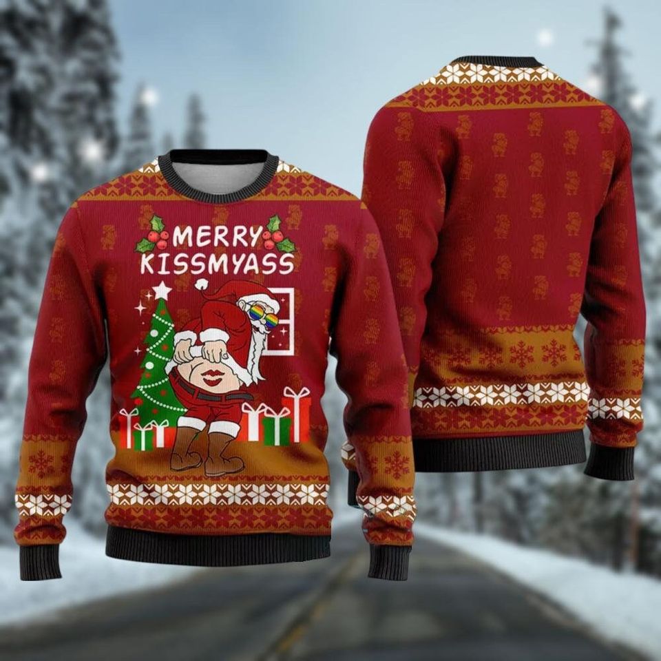 Merry Kissmyass Ugly Sweater, Funny Santa Claus Sweater
