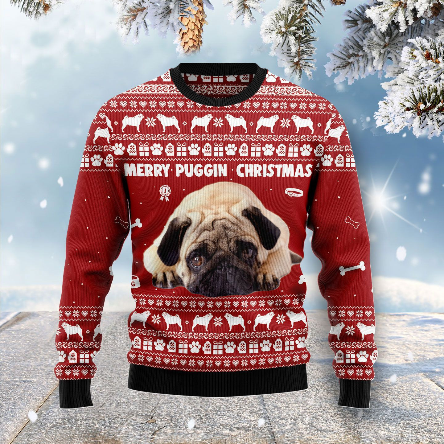 Merry Puggin Christmas Ugly Christmas Sweater Adult 3D Funny Matching for family