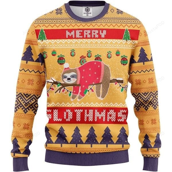 Merry Slothmas Yellow Ugly Christmas Sweater Adult 3D Funny Matching for family
