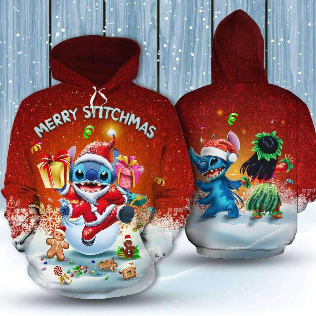 Merry Stichmas Cute Stitch Santa Art 3D All Over Print Hoodie, Zip Hoodie
