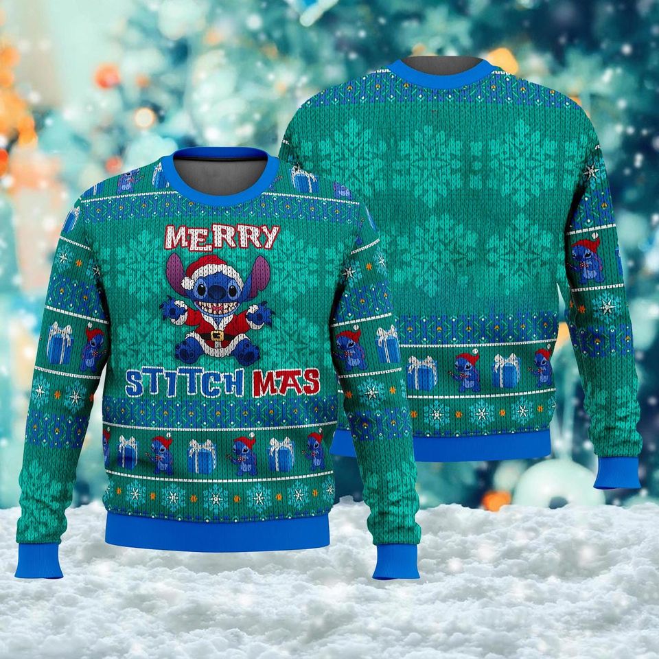 Merry Stitchmas Ugly Christmas Sweater, Funny Blue Alien Dog Xmas