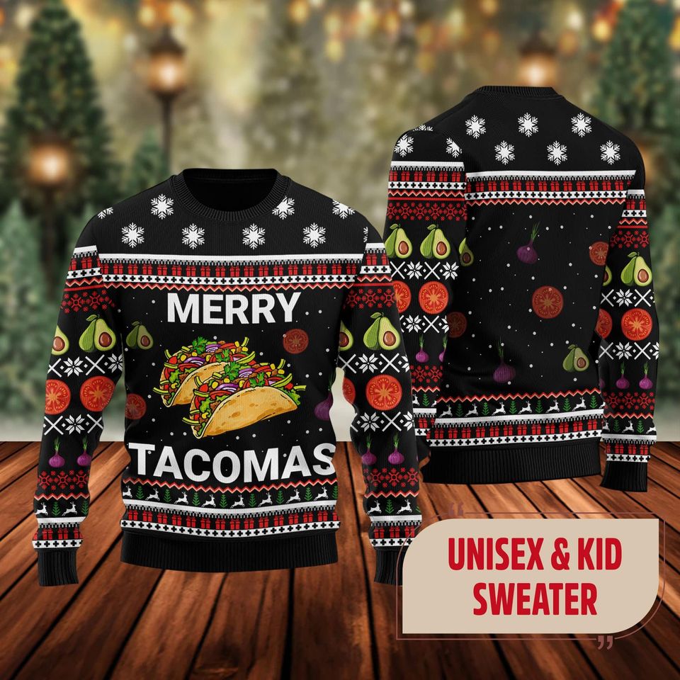 Merry Tacomas 3D All Over Printed T-shirt, Taco Lovers Ugly Sweatshirt