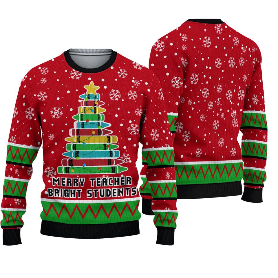 Merry Teacher Bright Students Ugly Sweater, Christmas Pen Tree Sweater, Christmas Teacher