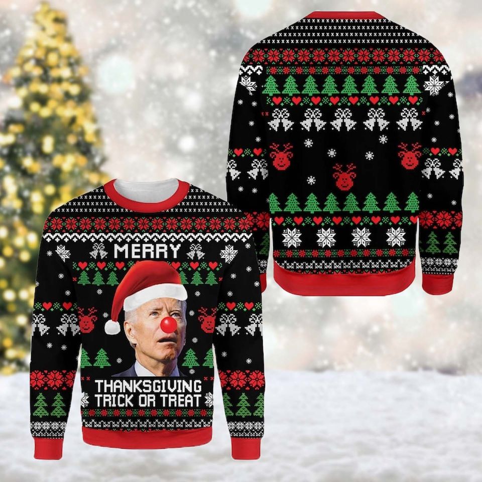 Merry Thanksgiving Trick or Treat Ugly Sweater, Santa Biden Christmas Sweatshirt