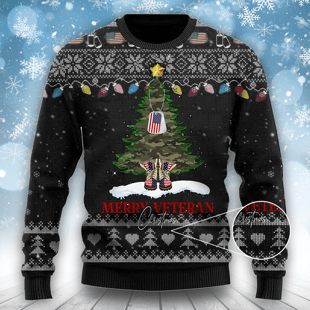 Merry Veteran Christmas Sweater Combat Boots Dog Tag Christmas Tree Ugly Sweater Gift - Image 2